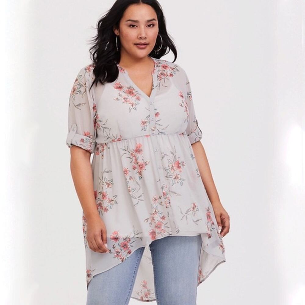 Torrid Lexie Sheer Button Front Floral Tie Tab Sleeve Babydoll Tunic Top Size 2X